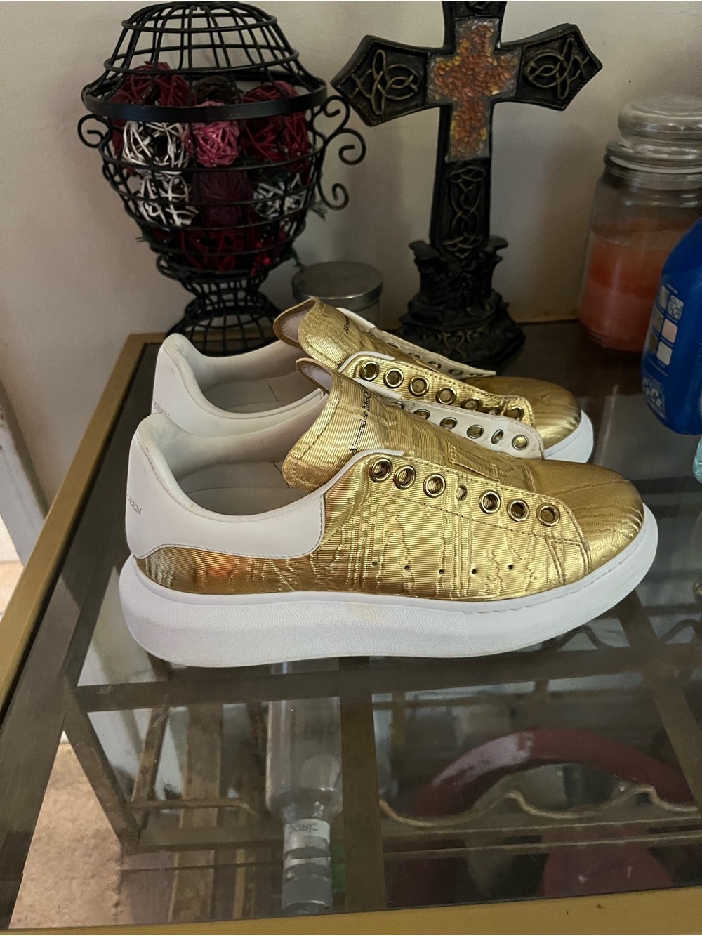 Alexander McQueen Gold Metallic Platform Sneakers with White Heel size 38